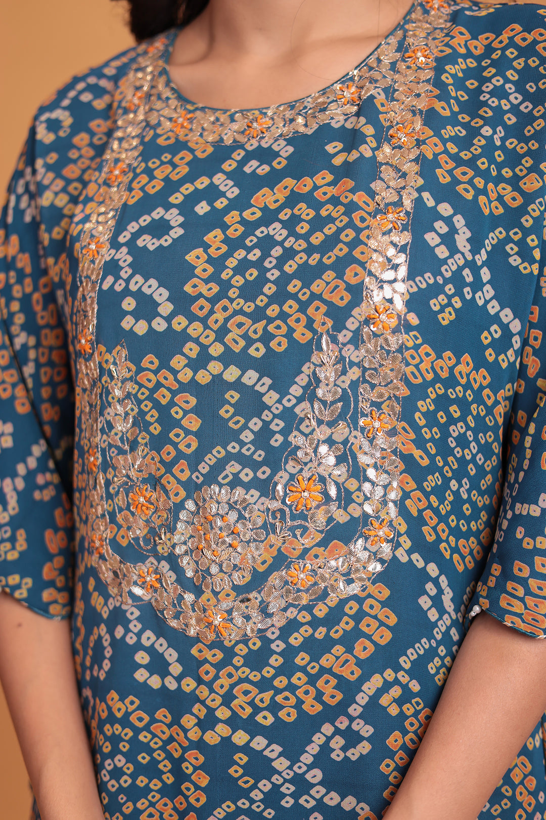 Blue Bandhej Silk Suit with Gota Patti and Zardozi work