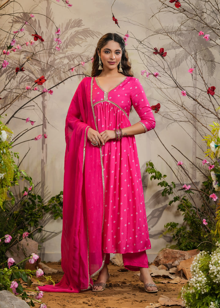 Nisa Pink Bandhej Angrakha Kurti With Pant & Dupatta