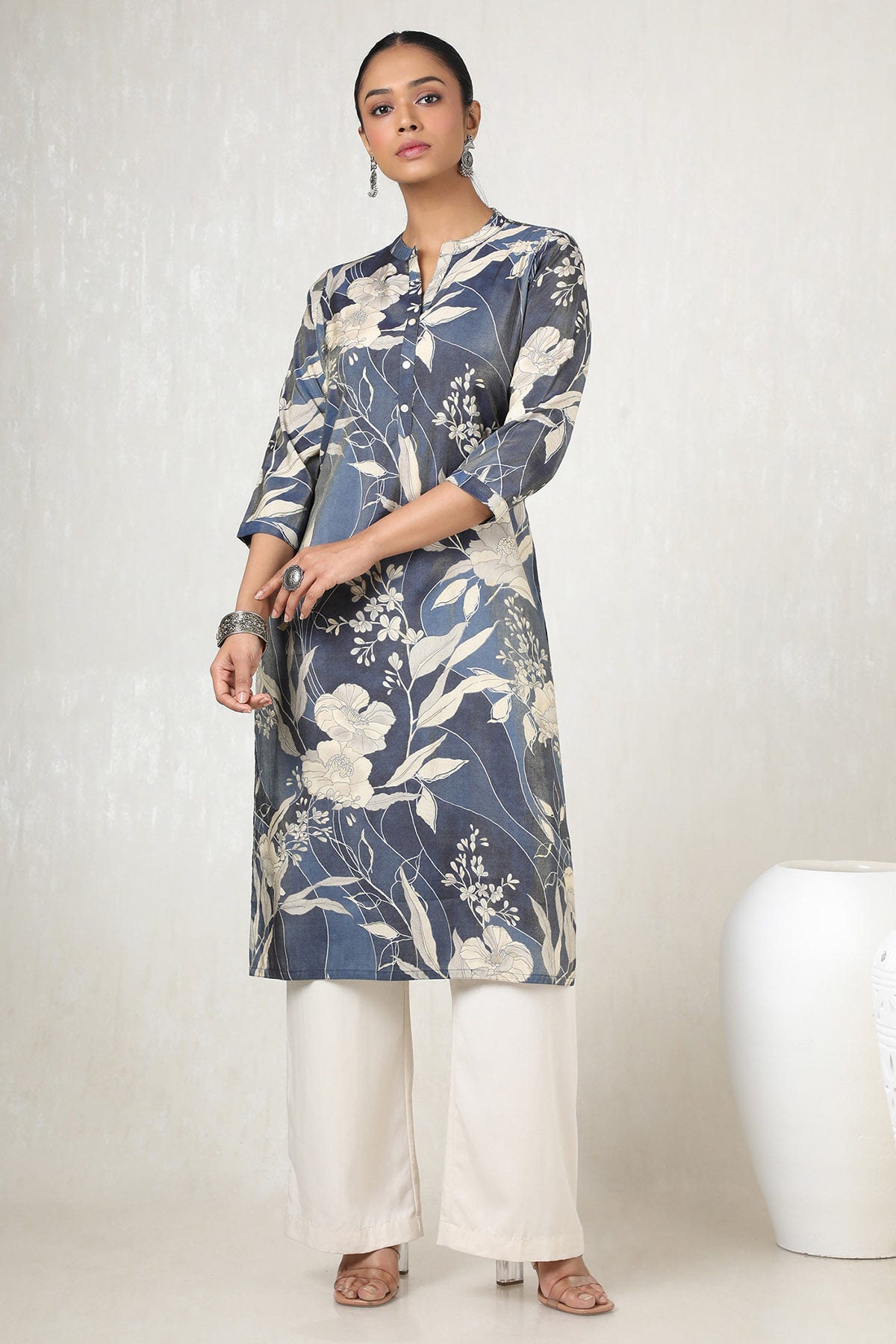 Navy Blue Tissue Floral Print Kurta