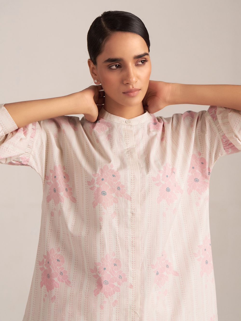 Powder Pink Ivory Printed Cotton Kurta with Pants- Set of 2