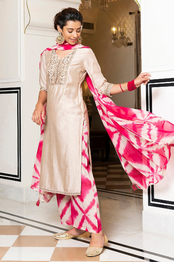 Pink and Grey Printed Silk Suit Set