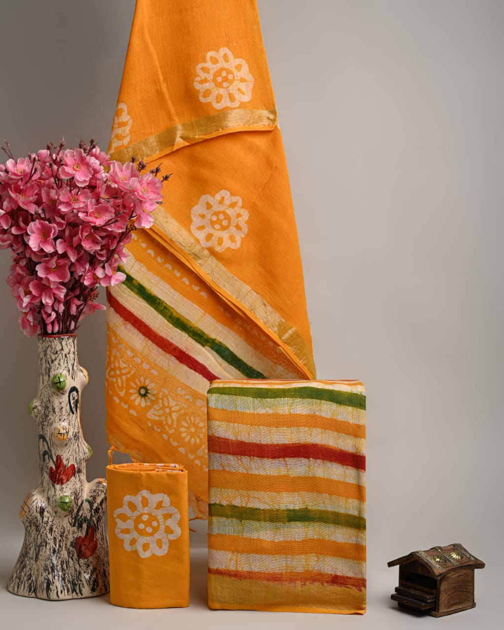 Batik Elegance Linen Cotton Suit Material with Silver Border