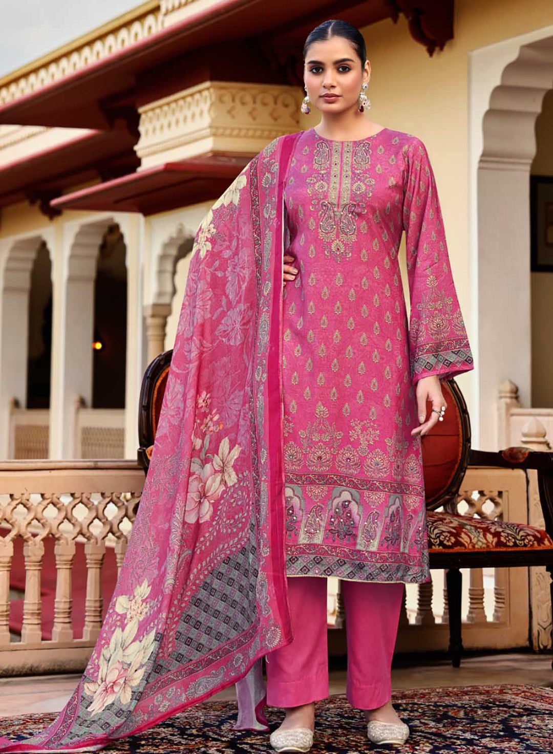 Pink Party Wear Pure Muslin Unstitched Suit Dress Material for Women