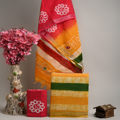 Batik Elegance Linen Cotton Suit Material with Silver Border