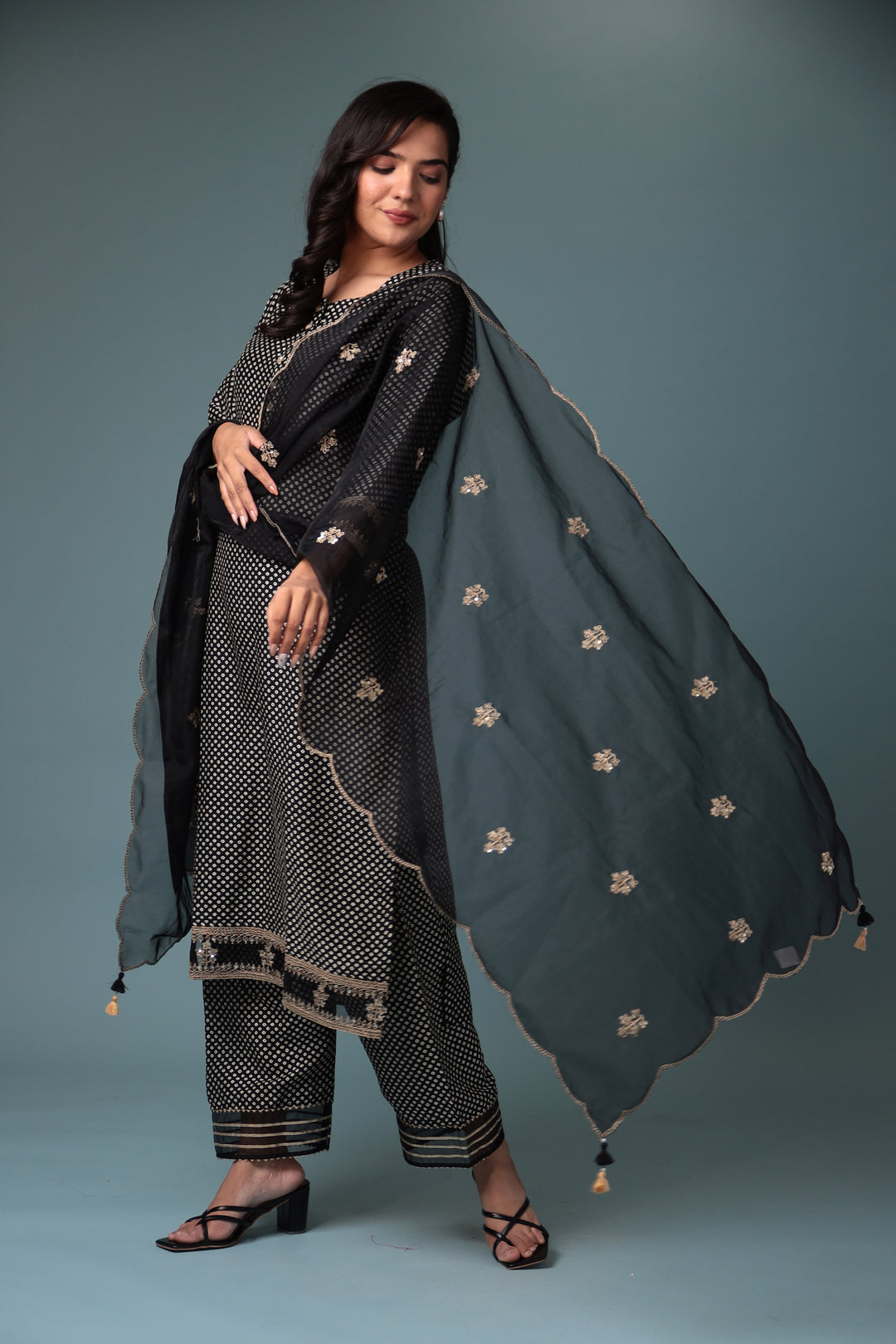 Black Bandhej Silk Suit with Gota Patti and Zardozi work