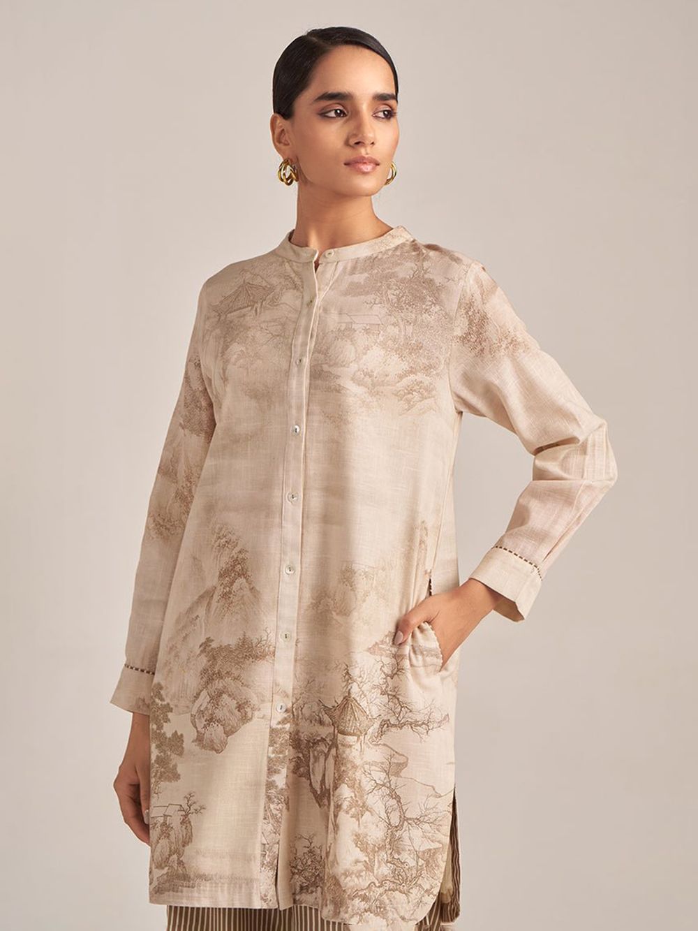 Beige Printed Cotton Kurta with Pants- Set of 2