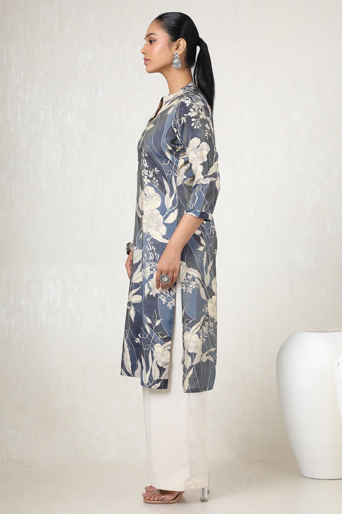 Navy Blue Tissue Floral Print Kurta
