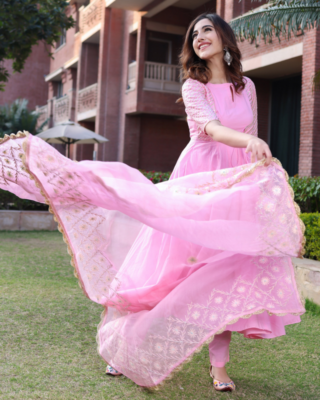 Disha Pink Applique Organza Kurta Set