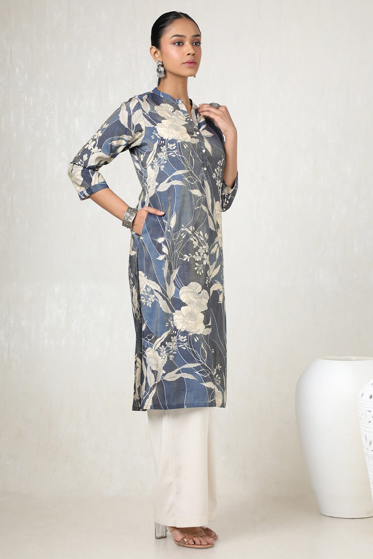 Navy Blue Tissue Floral Print Kurta