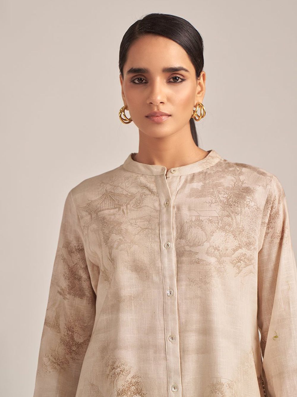 Beige Printed Cotton Kurta with Pants- Set of 2