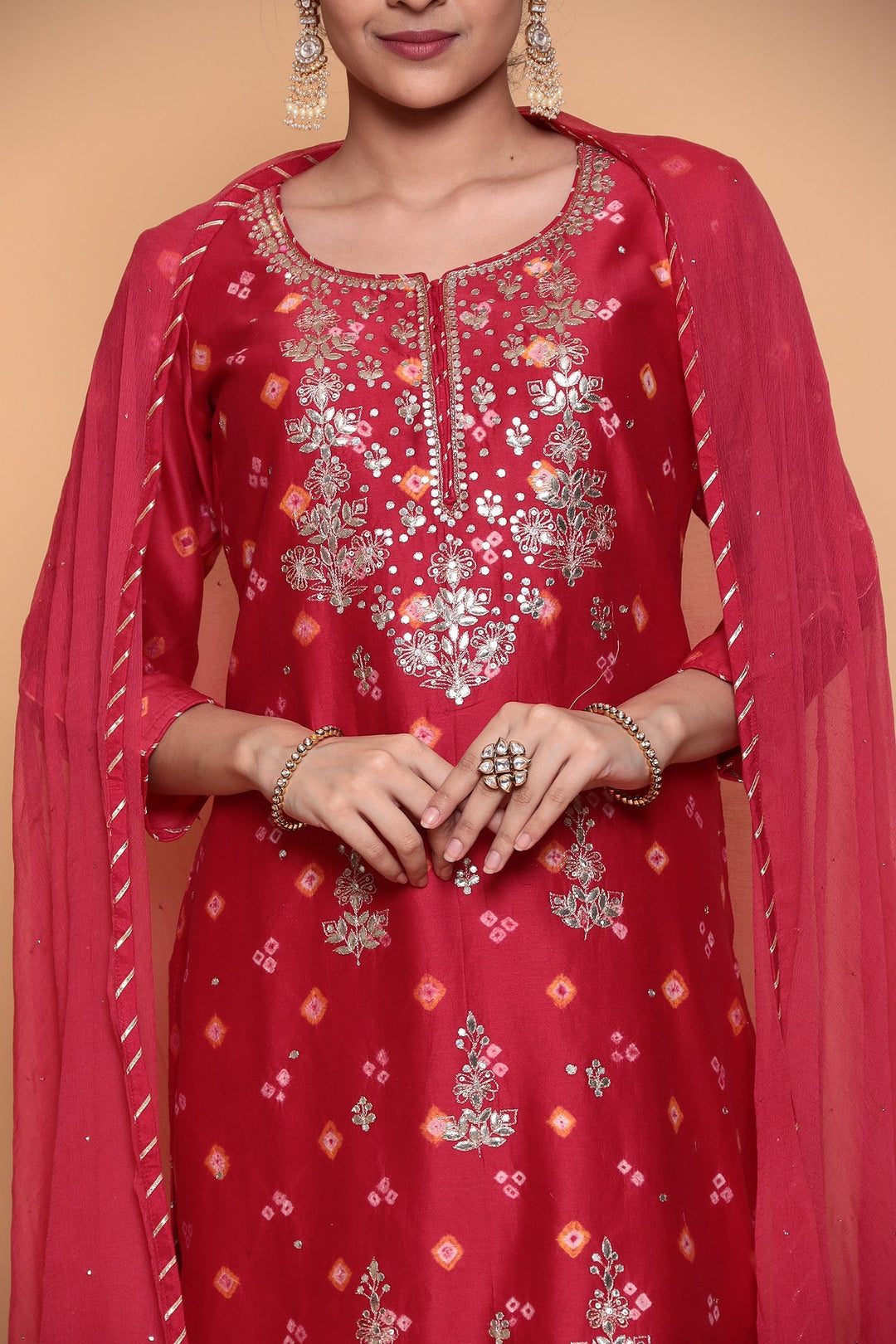 Red Bandhej Silk Suit with Gota Patti and Zardozi work