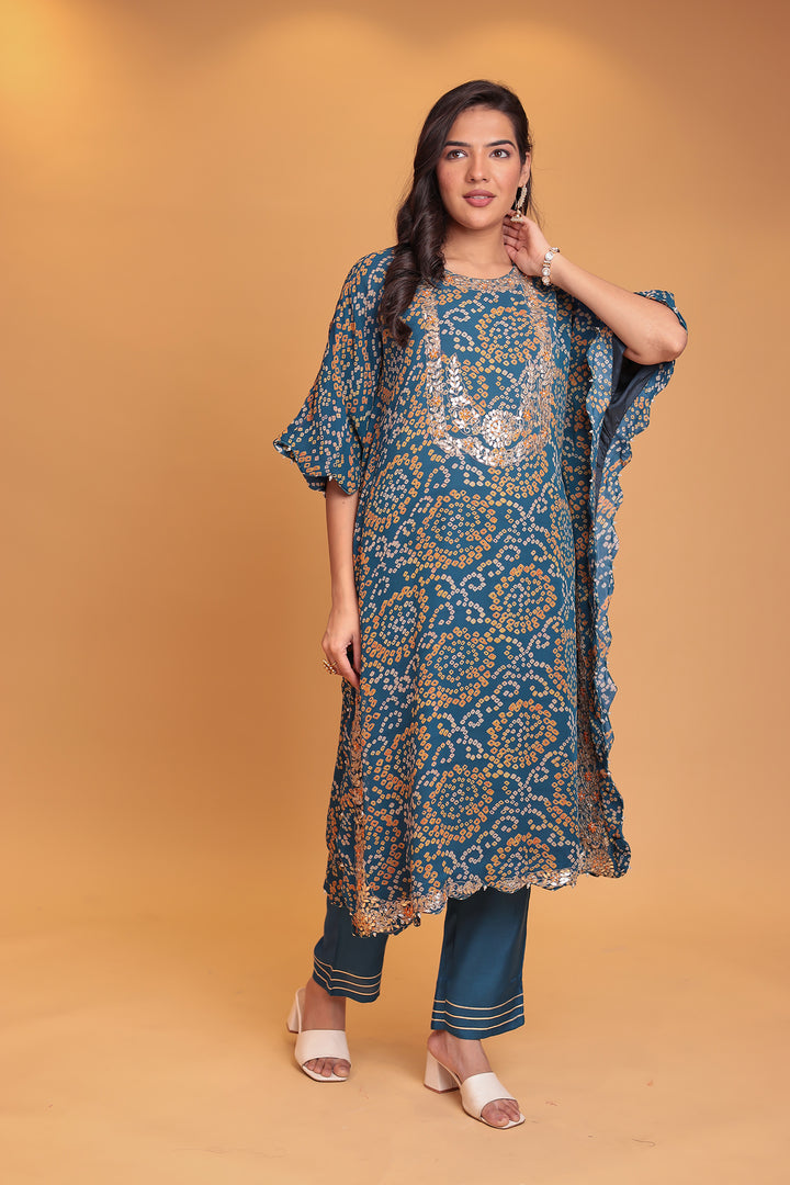 Blue Bandhej Silk Suit with Gota Patti and Zardozi work