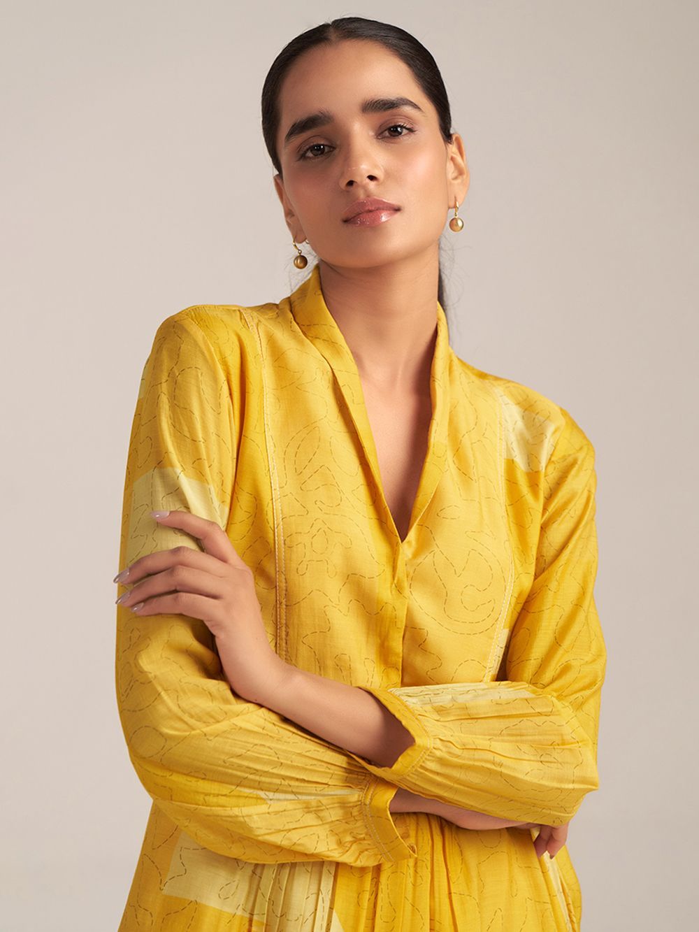 Yellow Printed Bemberg Silk Kurta with Pants- Set of 2