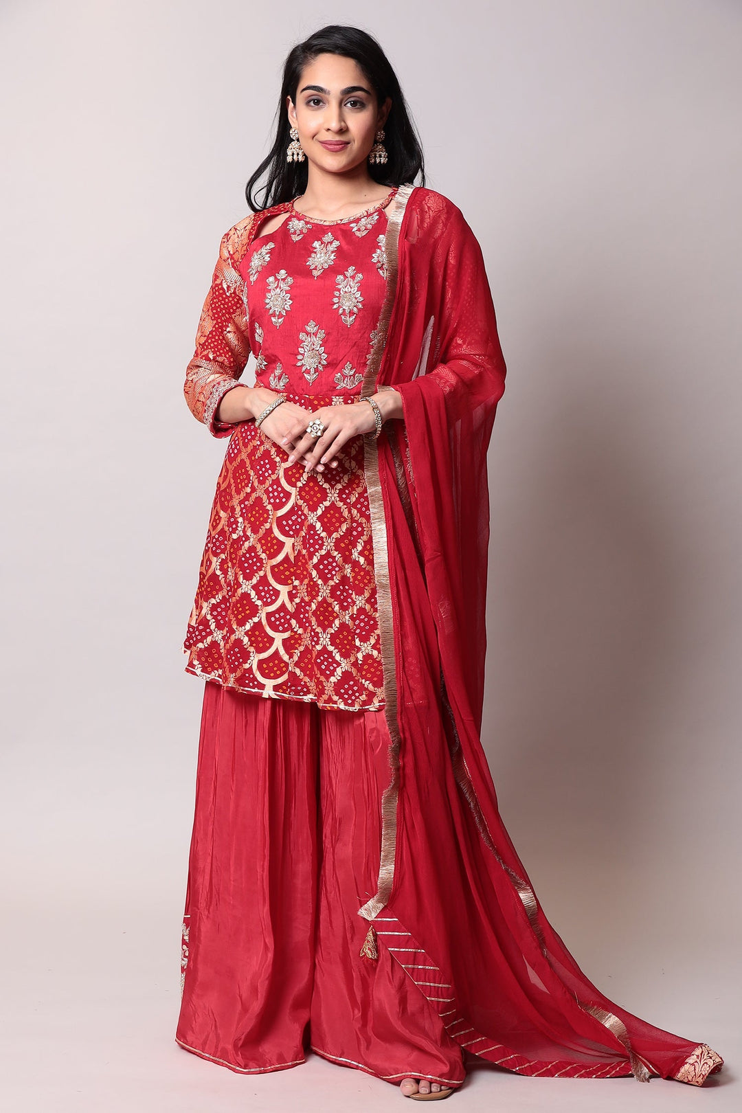Red Bandhej Silk Suit with Gota Patti and Zardozi work
